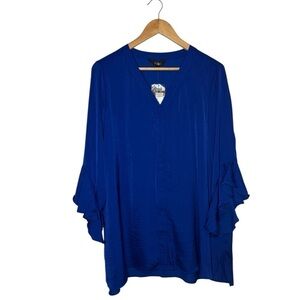 Slim Factor NWT Royal Blue Button Down V-neck Flutter Sleeve Blouse Size Large